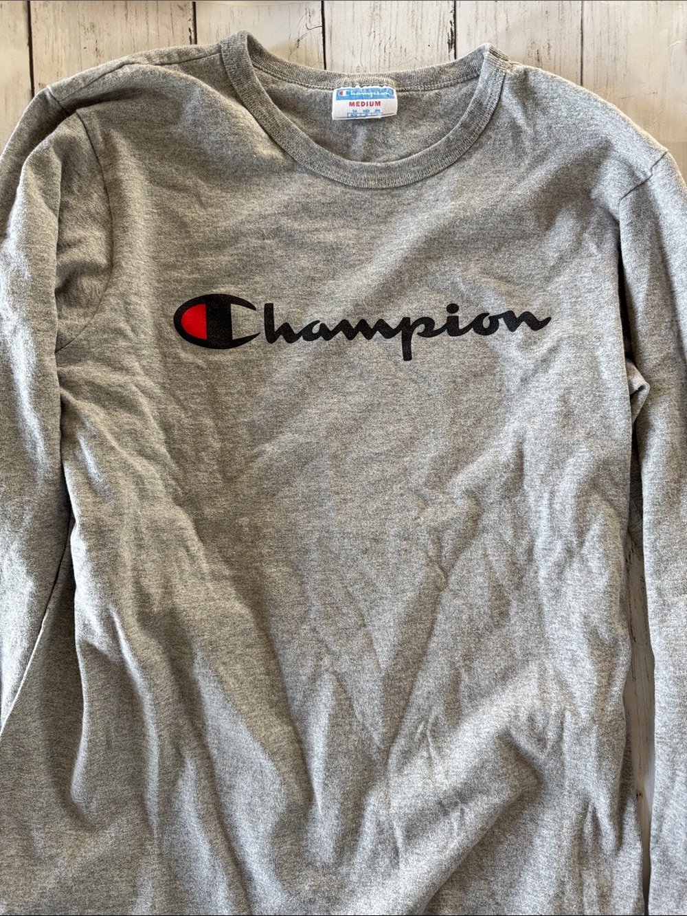 Champion Gray Long Sleeve Shirt with Black Script and Red Logo